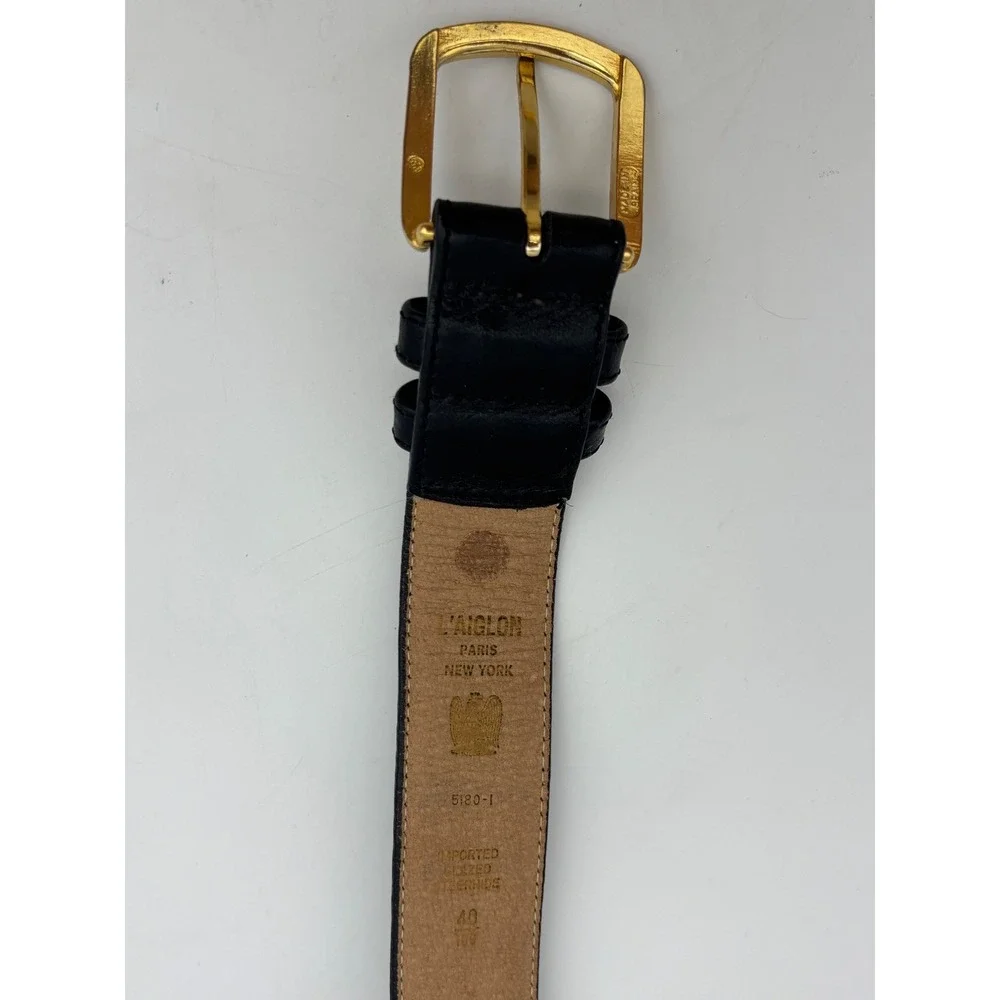 VINTAGE L'AIGLON Black Leather Belt Gold Brass Buckle‎ Office Work Mens 40 / 109